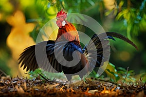 Red Junglefowl - Gallus gallus  tropical bird in the family Phasianidae. It is the primary progenitor of the domestic chicken