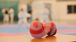 Red karate gloves on tatami during training, de-focused