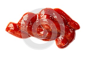 Red ketchup splash isolated on white background. Tomato Sauce smeared puddle abstract texture