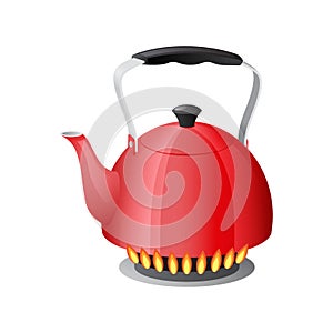 Red kettle with boiling water on gas kitchen stove flame, teapot with closed and open lid, isolated on white background