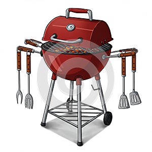 Red Kettle Grill with Utensils