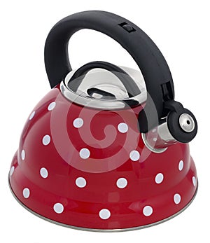 Red kettle with a pattern of white circles isolated on a white b