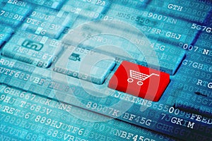 Red key with Shopping cart icon symbol on blue digital laptop keyboard