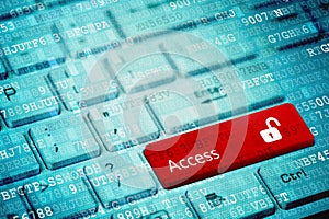 Red key with text Access and open padlock icon on white laptop keyboard