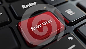 Red keyboard button with Enter 2025 text, symbolizing new beginnings