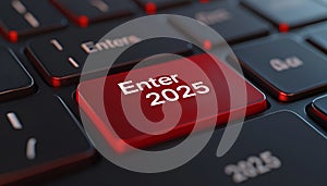 Red keyboard button with Enter 2025 text, symbolizing new beginnings
