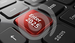 Red keyboard button with Enter 2025 text, symbolizing new beginnings