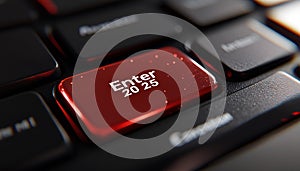 Red keyboard button with Enter 2025 text, symbolizing new beginnings