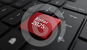 Red keyboard button with Enter 2025 text, symbolizing new beginnings