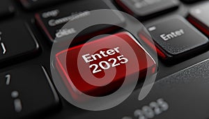 Red keyboard button with Enter 2025 text, symbolizing new beginnings