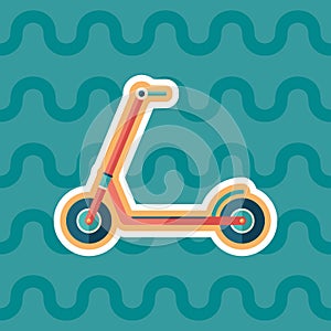 Red kick scooter sticker flat icon with color background.