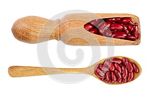 red kidney bean in wooden spoon isolated on white background. Top view. Flat lay