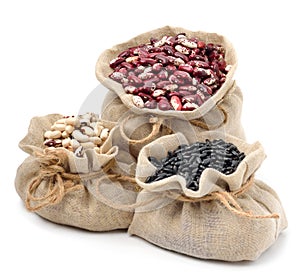 Red kidney beans, black beans and black-eyed beans in the sacks