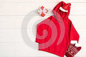 Red kids sweatshirt hoodie christmas mockup template.