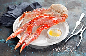 Red king crab legs with butter sauce on a plate