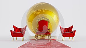 Red king throne with golden globe isolated on white background