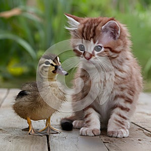 Red kitten and duckling share adorable moment together