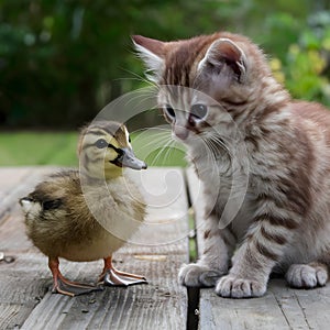 Red kitten and duckling share adorable moment together