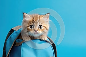 A red kitten peeks out of a school backpack on blue background.