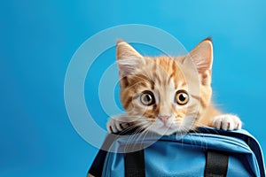 A red kitten peeks out of a school backpack on blue background.