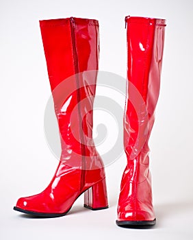 Red Knee Length Vinyl Disco Boots