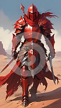 red knight on the desert in armor standing holding two swords