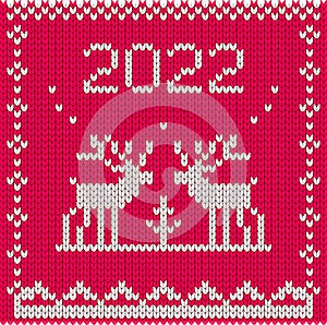 2022 Red knitted pattern reindeer square calendar cover.