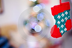 Red knitted sock for christmas decoration
