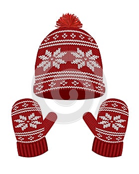 Red knitted winter hat and gloves