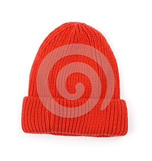 Red knitted wool beanie hat