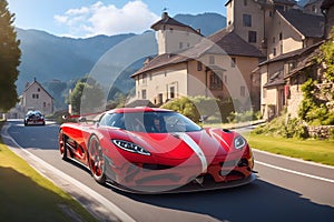 Red Koenigsegg Jesko supercar village road with charming cottages and blooming flowers generative by Ai