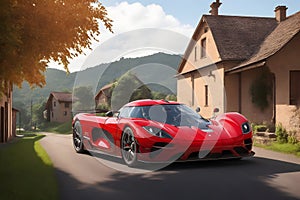 Red Koenigsegg Jesko supercar village road with charming cottages and blooming flowers generative by Ai