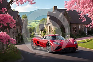 Red Koenigsegg Jesko supercar village road with charming cottages and blooming flowers generative by Ai