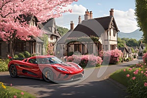 Red Koenigsegg Jesko supercar village road with charming cottages and blooming flowers generative by Ai