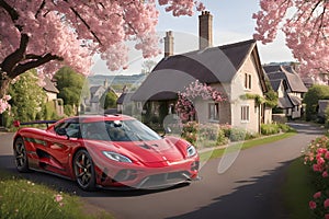 Red Koenigsegg Jesko supercar village road with charming cottages and blooming flowers generative by Ai