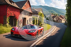 Red Koenigsegg Jesko supercar village road with charming cottages and blooming flowers generative by Ai