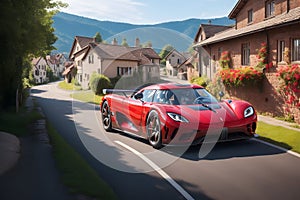 Red Koenigsegg Jesko supercar village road with charming cottages and blooming flowers generative by Ai