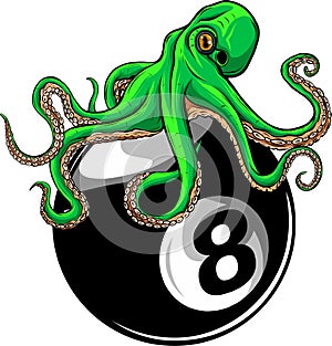 red kraken octopus on eight ball of biliard vector illustration on white background. digital hand draw