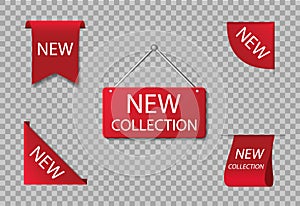Red label of new collection. Badge of novelty arrival product in store. Exclusive accent ribbon for sale price. Promo icon for