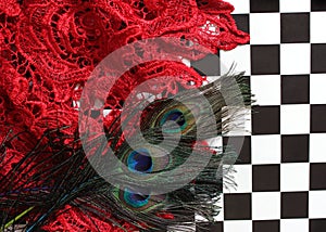 Red Lace and Peacock Feathers on Black and White Checkerboard