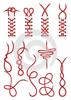 Red lace shoes. Schemes of tying shoelaces. Icon set with tied and untied shoelaces isolated on white background. Lace