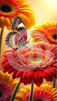 A Red Lacewing butterfly and Gerbera flower