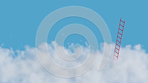 Red ladder breaking through fluffy cloud on blue sky.The way to success concept.3d rendering illustration