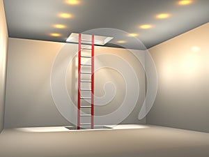 A red ladder installed on the wall of the room. An abstract concept representing a fork in the road of fate. Escape from fate. The