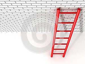 Red ladder leans against a brick wall