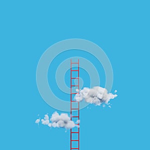 Red ladder to fluffy cloud on blue sky.The way to success concept.3d rendering illustration