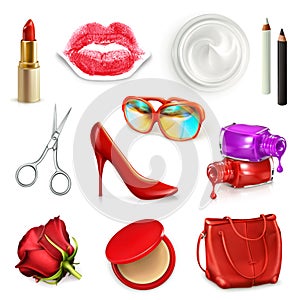 Red ladies handbag with cosmetics and accessories