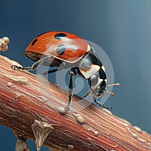 Red ladybug climbing on a stick in the grass, Nature outdoors, flora and fauna