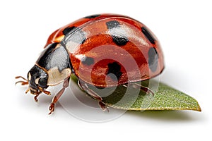 A red ladybug crawls on a green leaf