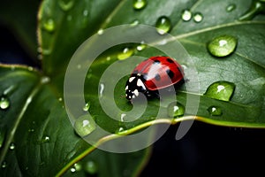 Red ladybug green leaf. Generate Ai